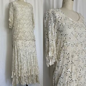 LILLIE RUBIN Womens Large Dress Ivory Cream Sequin RARE 80s PEARLS FLAPPER